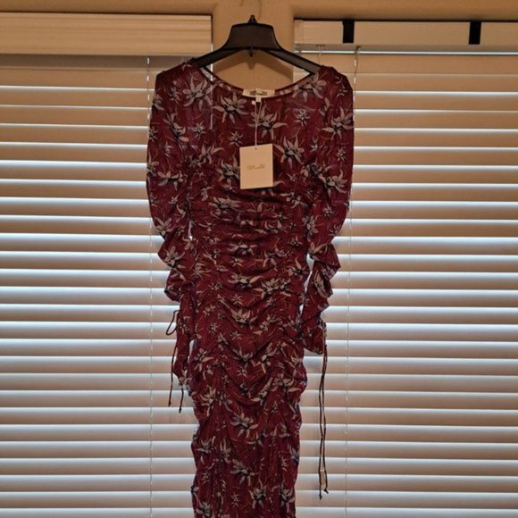 NWT DVF - Corinne Ruched Mesh Midi Dress in Harlow Small Wine - Picture 5 of 7